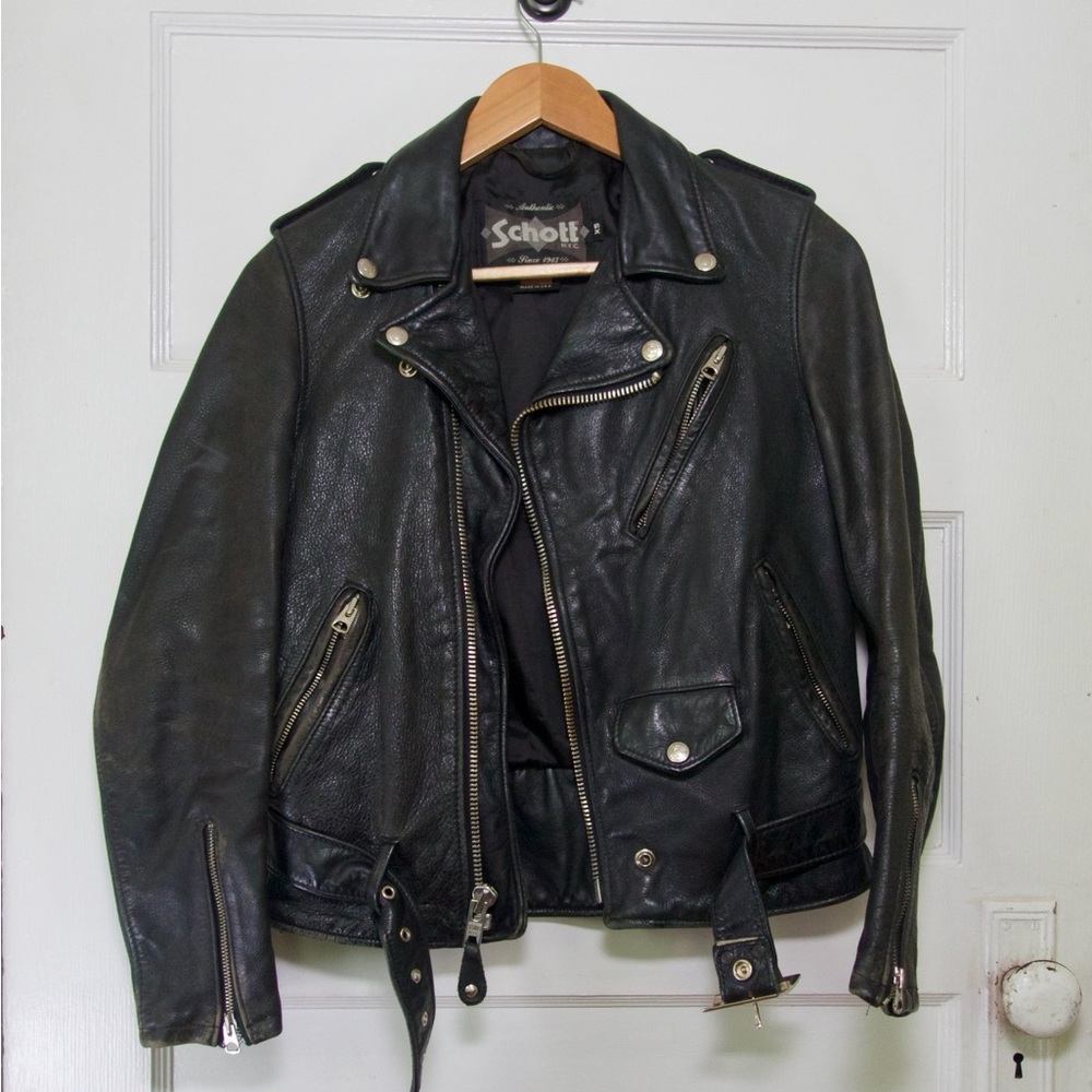 Schott NYC Black Leather Motorcycle Bomber Jacket with Silver Hardware